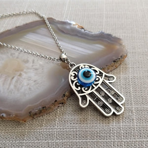 Hamsa Evil Eye Necklace on Silver Rolo Chain