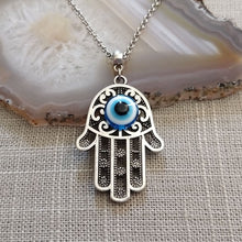 Load image into Gallery viewer, Hamsa Evil Eye Necklace on Silver Rolo Chain
