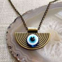 Load image into Gallery viewer, Evil Eye Medallion Necklace, Bronze Rolo Chain, Mens Bohemian Layering Jewelry
