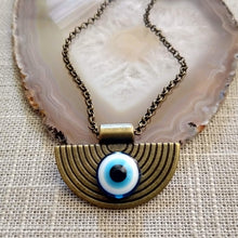 Load image into Gallery viewer, Evil Eye Medallion Necklace, Bronze Rolo Chain, Mens Bohemian Layering Jewelry
