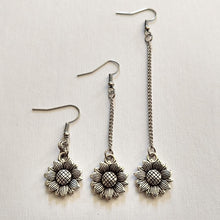 Load image into Gallery viewer, Silver Sunflower Earrings, Your Choice of Three Lengths, Long Dangle Chain Earrings,

