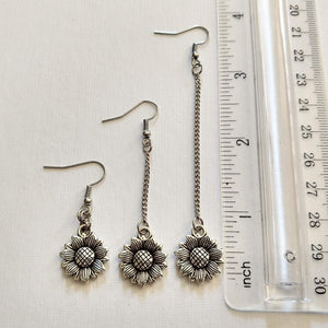 Silver Sunflower Earrings, Your Choice of Three Lengths, Long Dangle Chain Earrings,