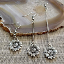 Load image into Gallery viewer, Silver Sunflower Earrings, Your Choice of Three Lengths, Long Dangle Chain Earrings,
