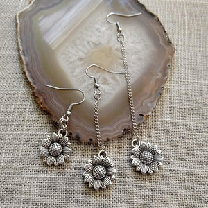 Silver Sunflower Earrings, Your Choice of Three Lengths, Long Dangle Chain Earrings,
