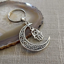 Load image into Gallery viewer, Crescent Moon Keychain, Jewish and Spiritual Backpack or Purse Charm, Zipper Pull with Your Choice of Charm
