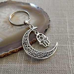 Crescent Moon Keychain, Jewish and Spiritual Backpack or Purse Charm, Zipper Pull with Your Choice of Charm