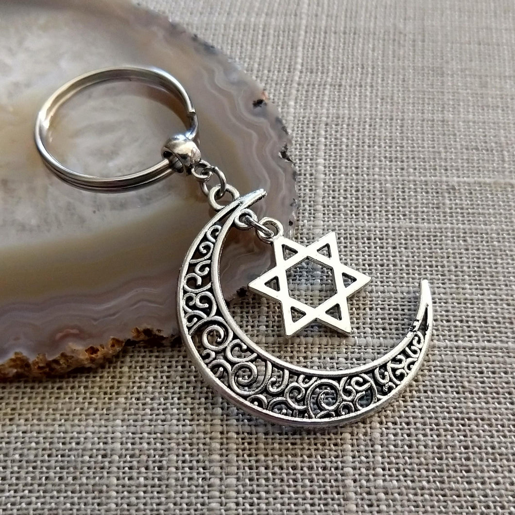 Crescent Moon Keychain, Jewish and Spiritual Backpack or Purse Charm, Zipper Pull with Your Choice of Charm