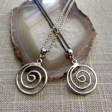 Load image into Gallery viewer, Silver Spiral Necklace on Thin Gunmetal Chain, Mixed Metal Mens Jewelry

