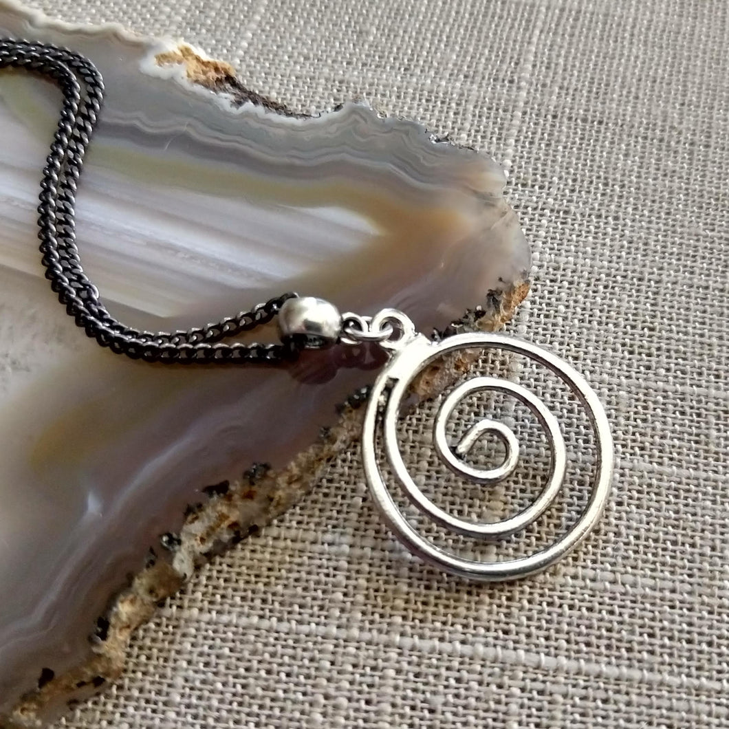 Silver Spiral Necklace on Thin Gunmetal Chain, Mixed Metal Mens Jewelry