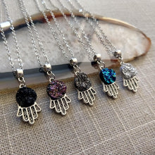 Load image into Gallery viewer, Tiny Hamsa Necklace, Resin Druzy Accent in Your Choice of Five Colors, Dainty Silver Cable Chain
