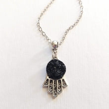 Load image into Gallery viewer, Tiny Hamsa Necklace, Resin Druzy Accent in Your Choice of Five Colors, Dainty Silver Cable Chain
