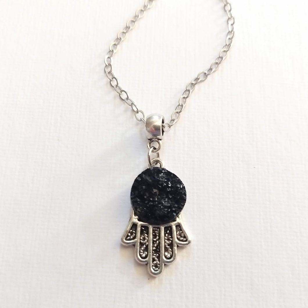 Tiny Hamsa Necklace, Resin Druzy Accent in Your Choice of Five Colors, Dainty Silver Cable Chain