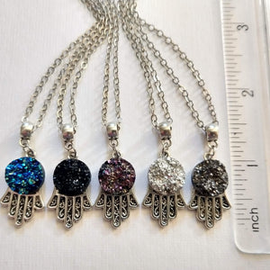 Tiny Hamsa Necklace, Resin Druzy Accent in Your Choice of Five Colors, Dainty Silver Cable Chain