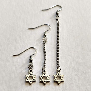 Star of David Earrings, Silver Tiny Jewish Charms in Your Choice of Three Lengths, Long Dangle Chain Earrings