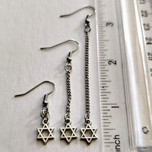 Load image into Gallery viewer, Star of David Earrings, Silver Tiny Jewish Charms in Your Choice of Three Lengths, Long Dangle Chain Earrings
