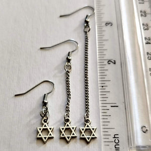 Star of David Earrings, Silver Tiny Jewish Charms in Your Choice of Three Lengths, Long Dangle Chain Earrings