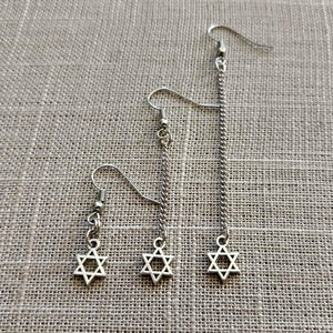 Star of David Earrings, Silver Tiny Jewish Charms in Your Choice of Three Lengths, Long Dangle Chain Earrings