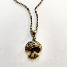 Load image into Gallery viewer, Magic Mushroom Necklace, Psychedelic Charm Necklace on Bronze Cable Chain
