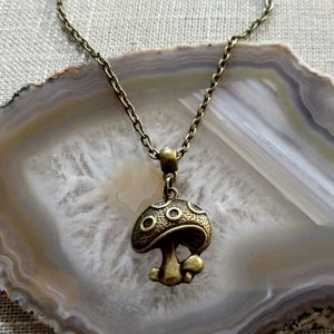 Magic Mushroom Necklace, Psychedelic Charm Necklace on Bronze Cable Chain
