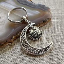 Load image into Gallery viewer, Crescent Moon Keychain, Jewish and Spiritual Backpack or Purse Charm, Zipper Pull with Your Choice of Charm
