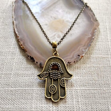 Load image into Gallery viewer, Hamsa Necklace - Hand of Fatima Pendant on Bronze Rolo Chain, Bohemian Layering Jewelry
