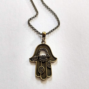Hamsa Necklace - Hand of Fatima Pendant on Bronze Rolo Chain, Bohemian Layering Jewelry