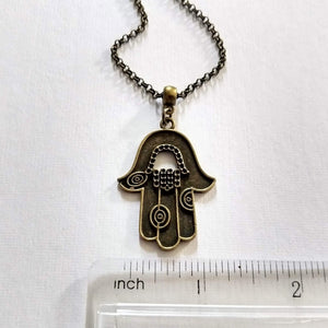 Hamsa Necklace - Hand of Fatima Pendant on Bronze Rolo Chain, Bohemian Layering Jewelry