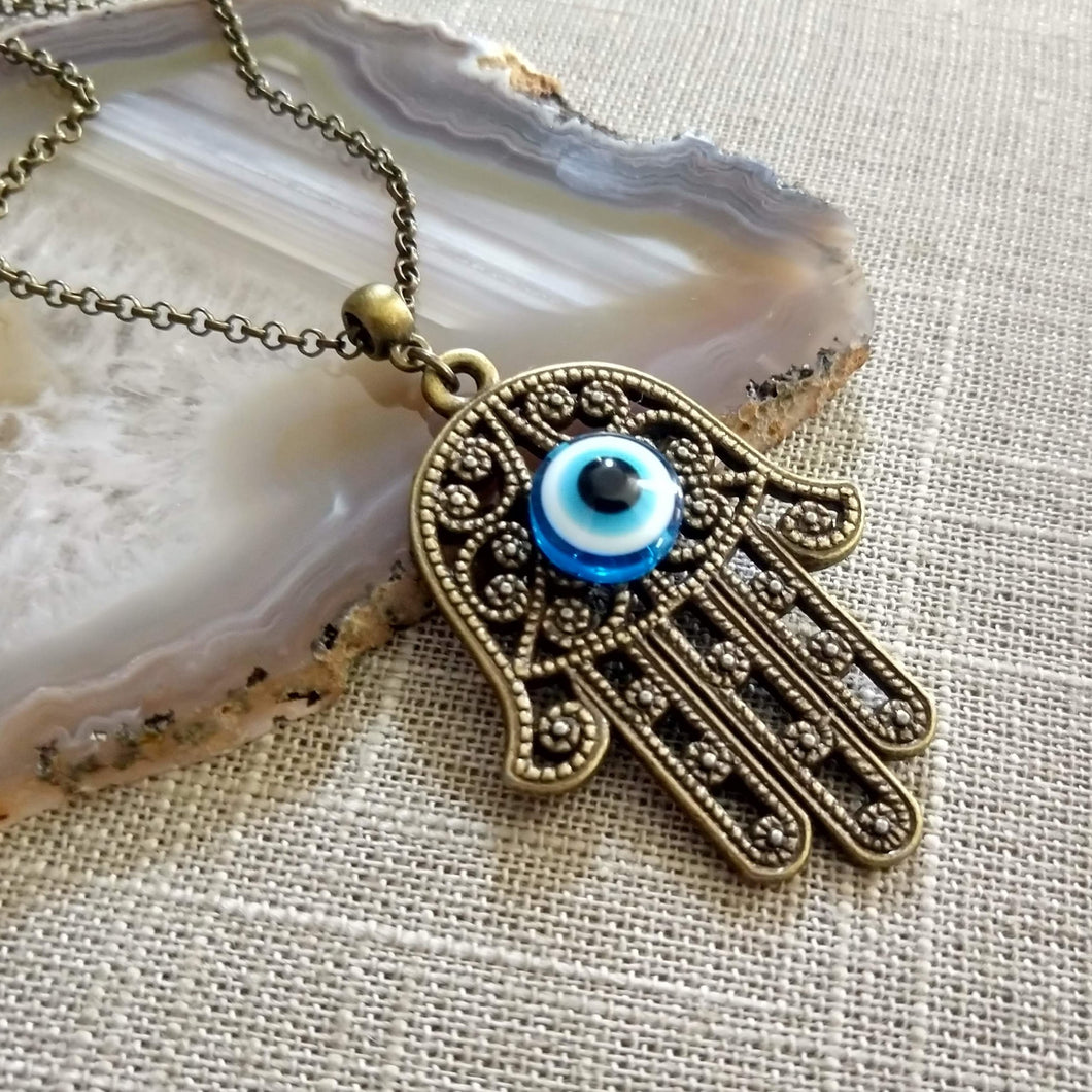 Hamsa Evil Eye Necklace, Hand of Fatima Protection Talisman on Rolo Chain, Bohemian Layering Jewelry