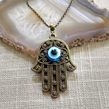 Load image into Gallery viewer, Hamsa Evil Eye Necklace, Hand of Fatima Protection Talisman on Rolo Chain, Bohemian Layering Jewelry
