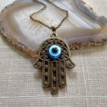 Load image into Gallery viewer, Hamsa Evil Eye Necklace, Hand of Fatima Protection Talisman on Rolo Chain, Bohemian Layering Jewelry
