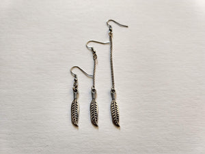 Feather Earrings, Silver Earrings in Your Choice of Five Lengths, Dangle Long Chain
