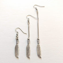 Load image into Gallery viewer, Feather Earrings, Silver Earrings in Your Choice of Five Lengths, Dangle Long Chain
