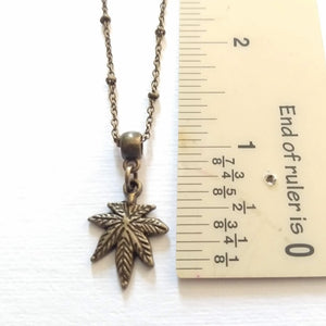 Weed Leaf Necklace, Marijuana Jewelry on Bronze Beaded Satellite Chain, Jewerlry for Stoners