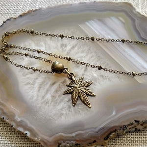 Weed Leaf Necklace, Marijuana Jewelry on Bronze Beaded Satellite Chain, Jewerlry for Stoners