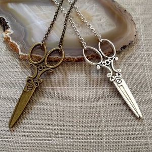 Scissor Necklace, Ornate Old Fashioned Scissor Necklace on Silver or Bronze Rolo Chain, Hairdresser Hairstylist Gifts