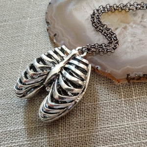 Hollow Rib Cage Necklace on Gunmetal Rolo Chain, Mens Jewelry