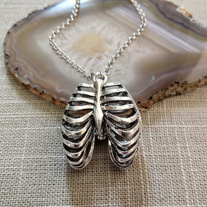 Hollow Rib Cage Necklace on Silver Rolo Chain, Mens Jewelry