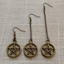 Load image into Gallery viewer, Pentagram Earrings - Bronze Earrings in Your Choice of Five Lengths - Dangle Earrings / Long Earrings / Chain Earrings
