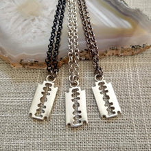 Load image into Gallery viewer, Razorblade Necklace, Silver Razor Pendant on Your Choice of Three Chains, Mens Necklace
