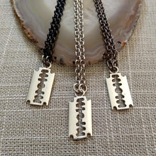 Load image into Gallery viewer, Razorblade Necklace, Silver Razor Pendant on Your Choice of Three Chains, Mens Necklace
