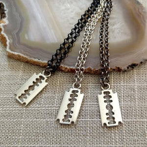Razorblade Necklace, Silver Razor Pendant on Your Choice of Three Chains, Mens Necklace