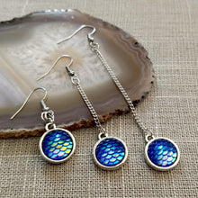 Load image into Gallery viewer, Blue Mermaid or Dragon Scale Earrings, Long Dangle Chain Earrings
