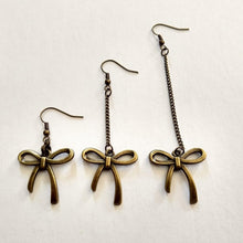 Load image into Gallery viewer, Bronze Bow Earrings, Your Choice of Three Lengths, Dangle Drop Chain Earrings
