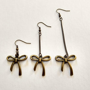 Bronze Bow Earrings, Your Choice of Three Lengths, Dangle Drop Chain Earrings