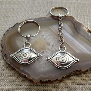 Evil Eye Talisman Keychain Key Ring or Zipper Pull, Silver Backpack or Purse Charms