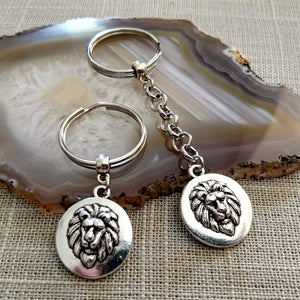 Lions Head Keychain Key Ring or Zipper Pull, Silver Backpack or Purse Charms