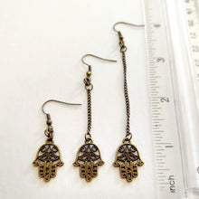 Load image into Gallery viewer, Tiny Hamsa Earrings - Your Choice of Three Lengths - Long Dangle Chain Earrings

