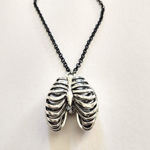 Hollow Rib Cage Necklace on Black  Rolo Chain, Mens Jewelry