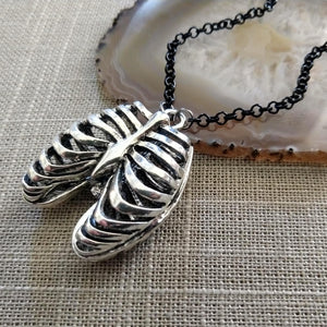 Hollow Rib Cage Necklace on Black  Rolo Chain, Mens Jewelry