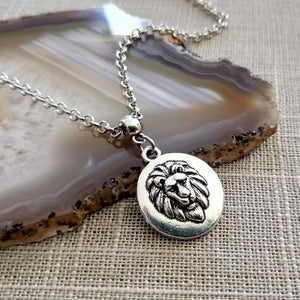 Lions Head Necklace on Silver Rolo Chain, Mens Jewelry